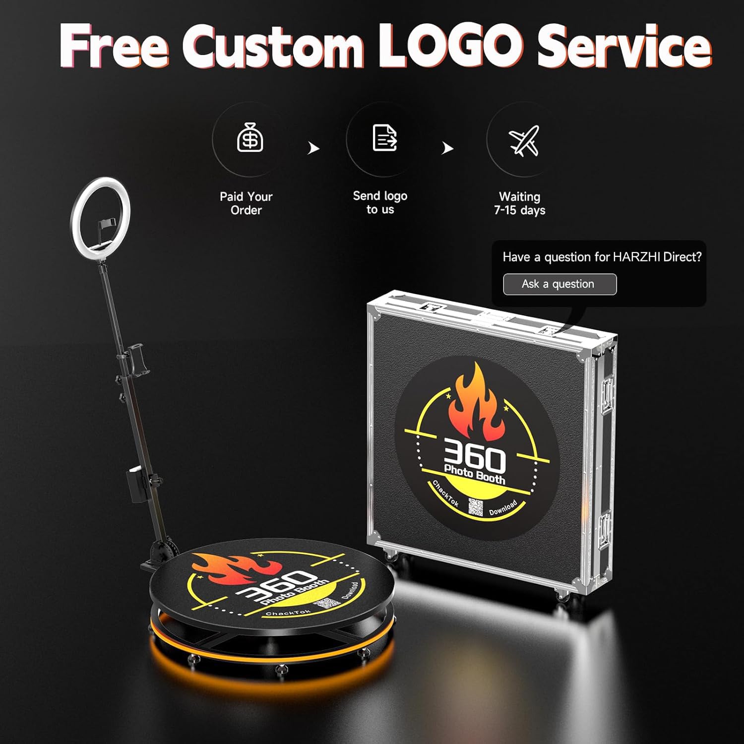HARZHI 360 Photo Booth Machine, Cabina Fotografica, Vedio Booth per Feste/Matrimoni/YouTube/Tiktok, Telecomando e controllo software, con ChackTok VIP e Flight Case, Personalizzazione del Logo, 80CM
