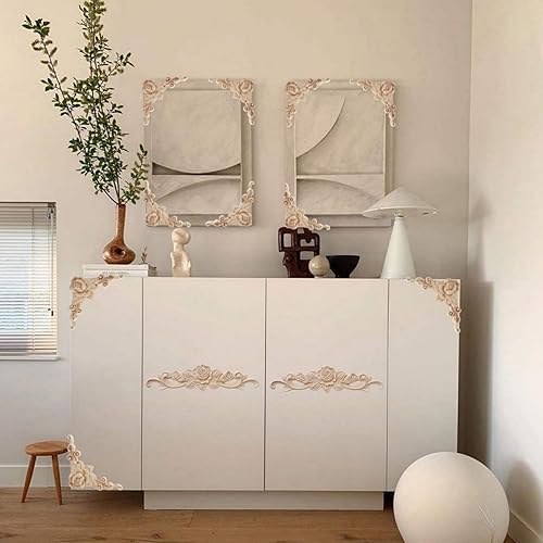 Miniatura 9 de 5 piezas de apliques de madera tallada en madera Onlays Onlays DIY tallados muebles apliques Onlays sin pintar centro tallado calcomanía para puerta