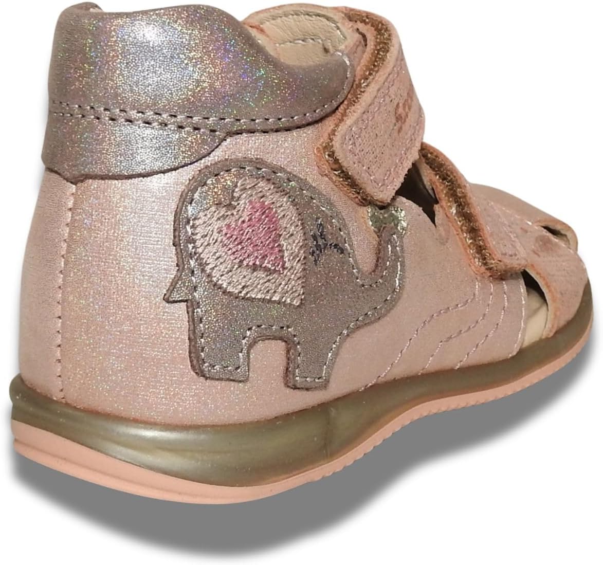 Kids Girls' Closed-Toe Sandals – Genuine Leather, Ergonomic Sole, Adjustable Hook & Loop Straps, Pink/Silver with Elephant Design