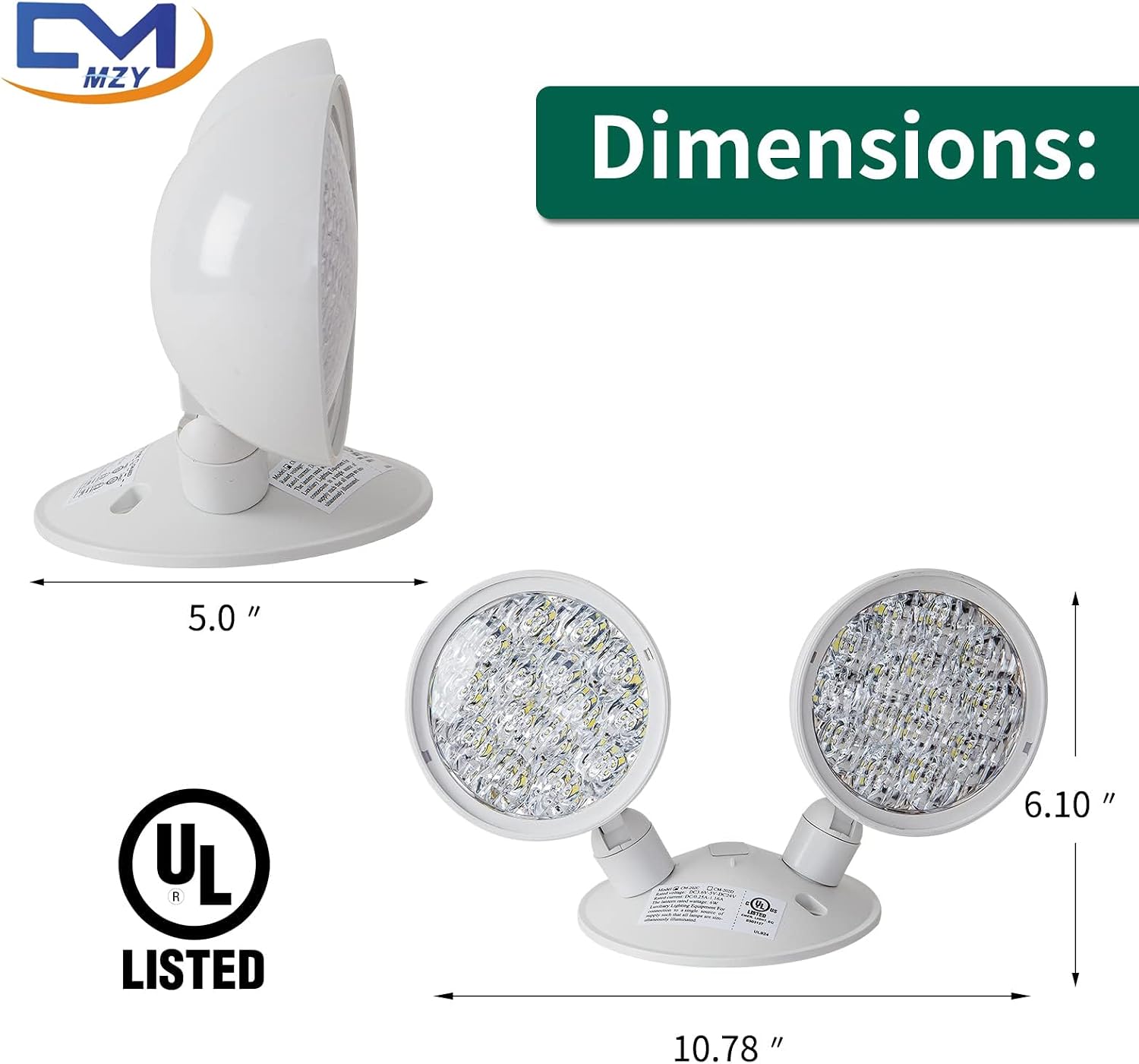 CM MZY Emergency Remote Head Lighting, Double Head Emergency Light, UL Listed, Multi Voltage 3.6 to 24 Volt Input, 2 by 3 Watts, 2 by 180 Lumen, Round，1 Pack