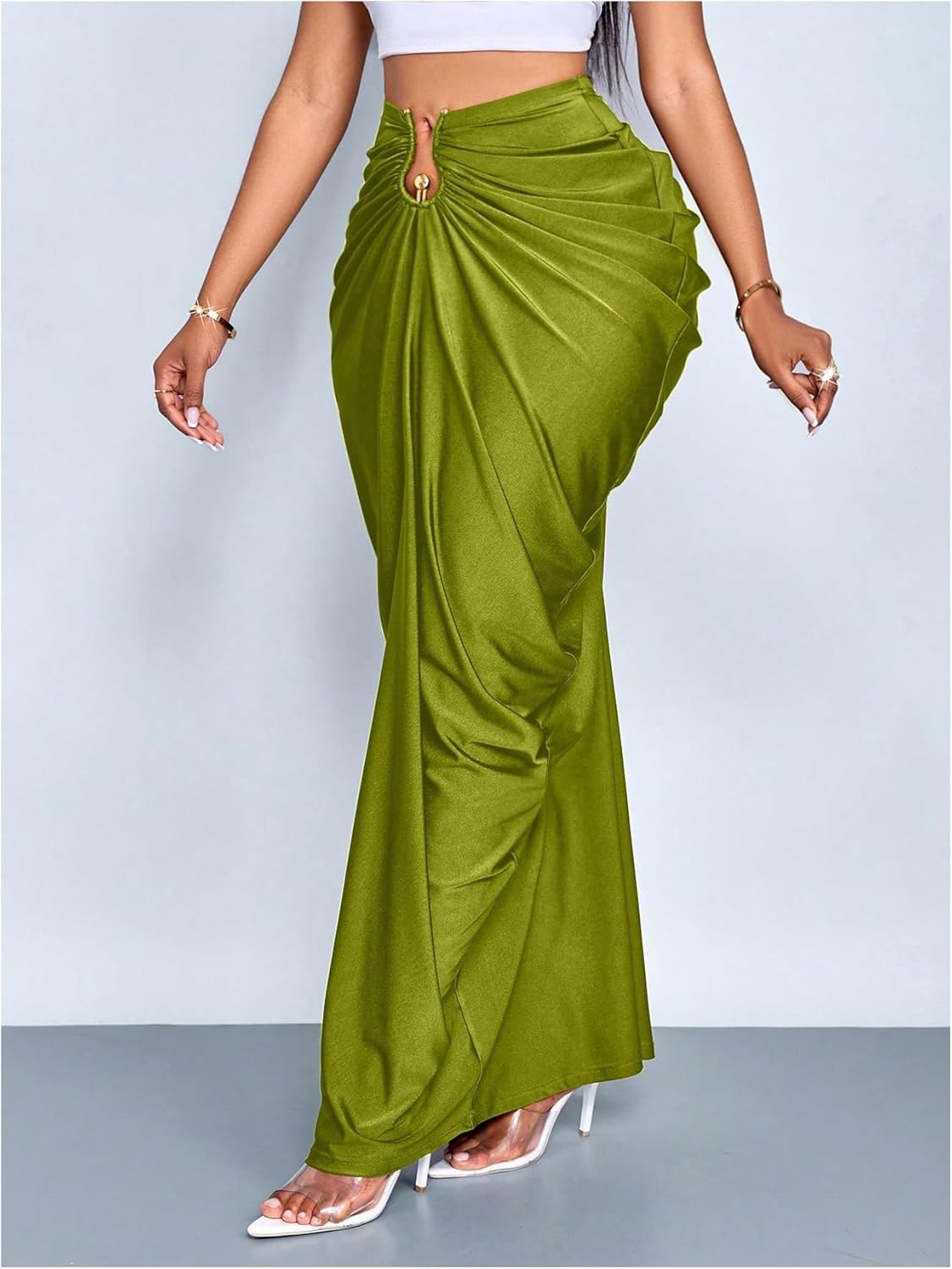 WDIRARA Women's Ruched Bodycon Maxi Skirt Cocktail Party High Waisted Long Fishtail Skirts