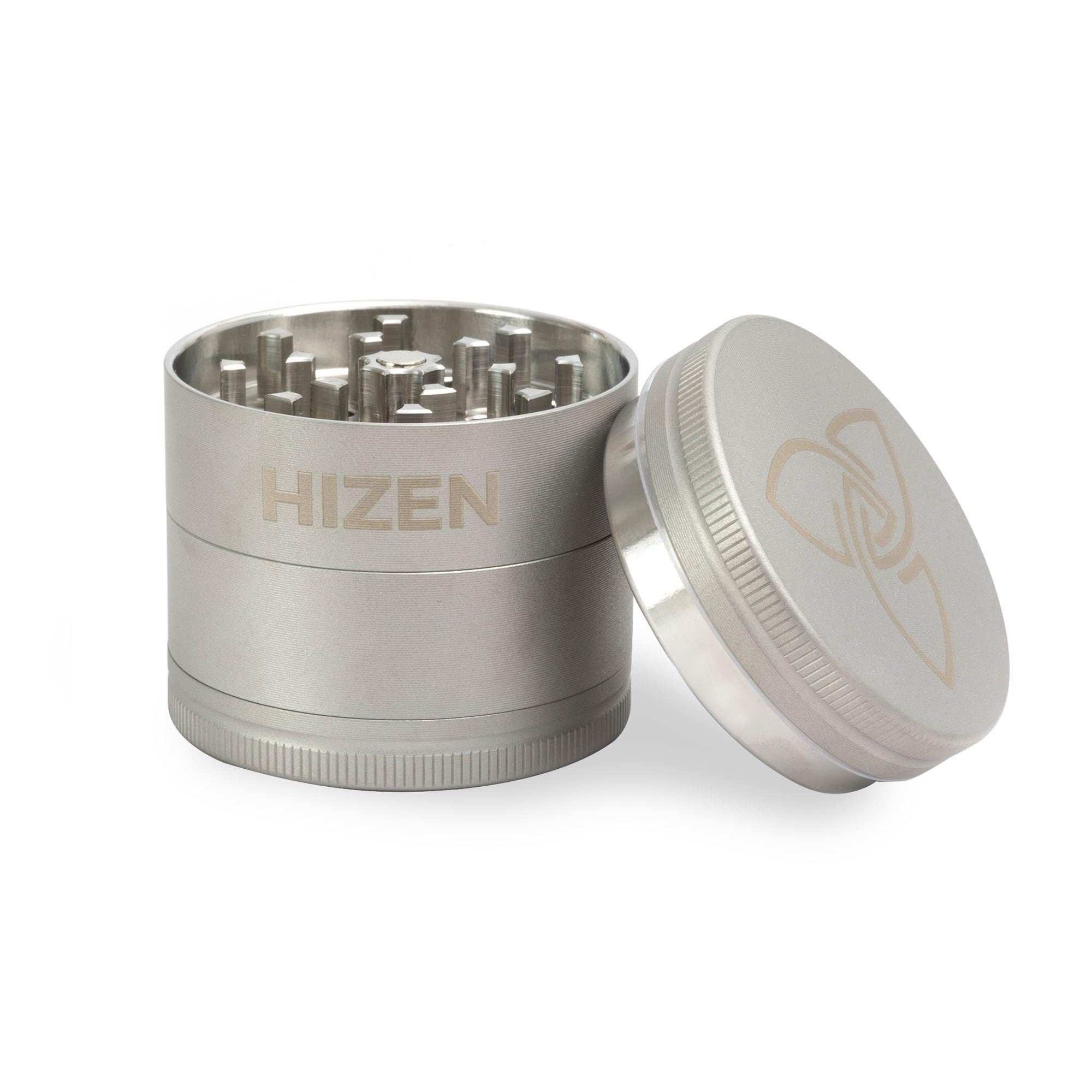 Grinder Edelstahl 4-teilig, unverwüstlicher Crusher mit Pollenfach + Schaber, Kräutermühle, Gewürzmühle - abriebfest, magnetisch - Silber Matt Ø4.9cm