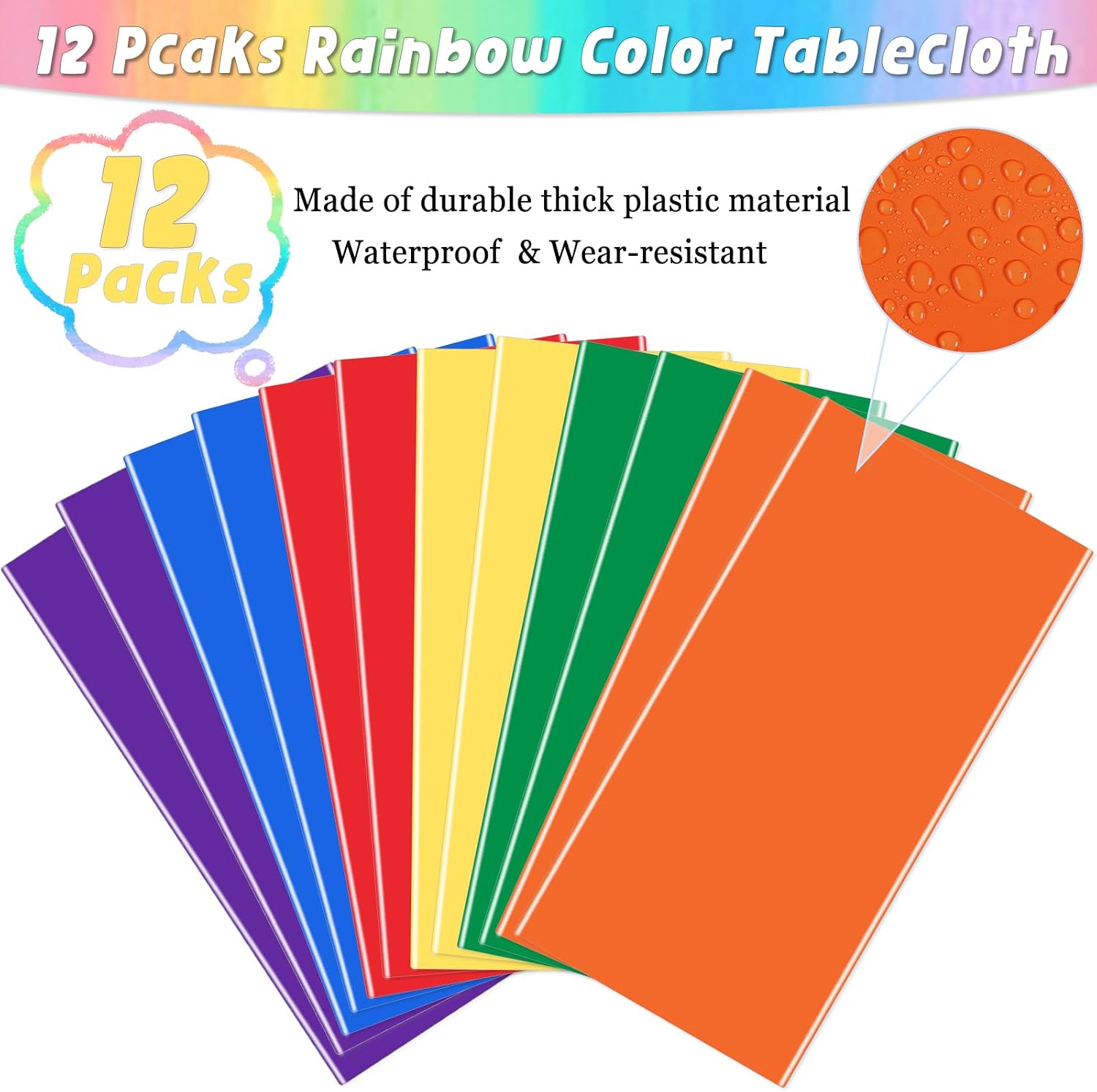 12 Packs Rainbow Colors Disposable Plastic Tablecloths 54 x 108 Inch Colorful Rectangle Waterproof Table Covers for Birthday Parties Ice Cream Theme Party Outdoor Picnic Decorations image 3