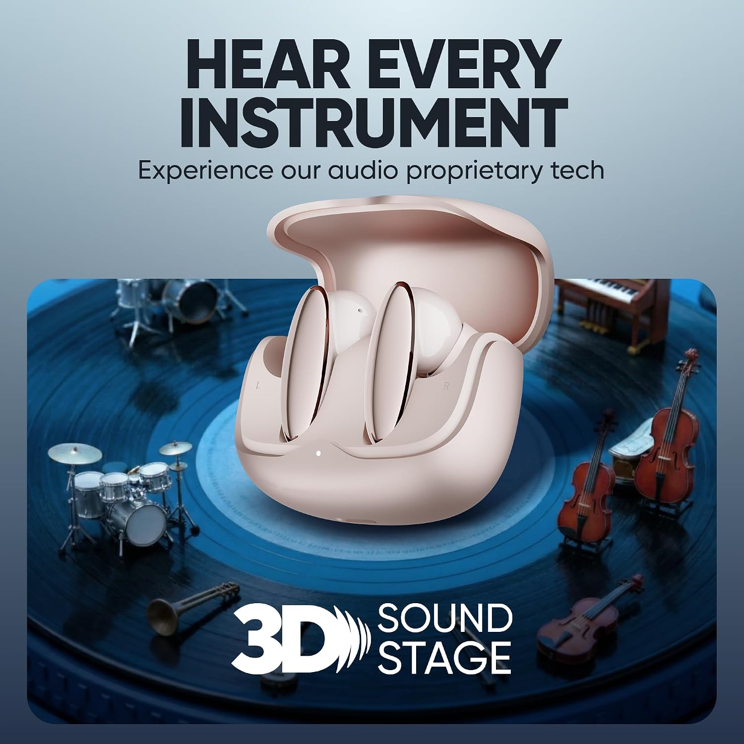 Mivi SuperPods Studio earbuds in their charging case on a vinyl record surrounded by musical instruments, illustrating 3D Soundstage.