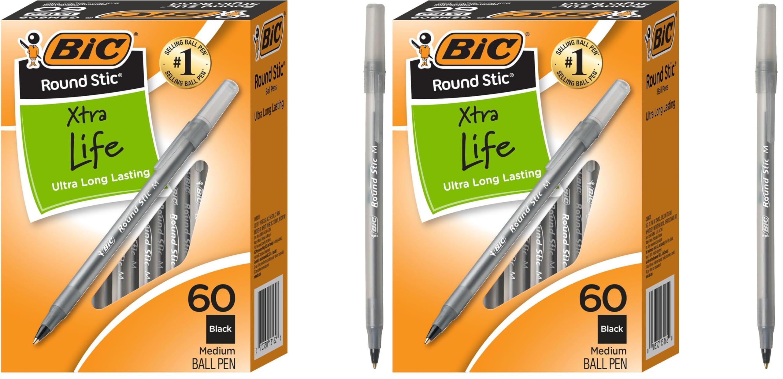 BIC Round Stic Xtra Life Ballpoint Pens, Medium Point (1.0mm), Black, 60-Count Pack, Flexible Round Barrel For Writing Comfort (GSM609-BLK) 60 Count (Pack of 2)