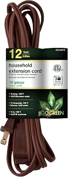 GoGreen Power GG-24812 16/2 12 Household Extension Cord, 3 Outlets, Brown, 12 Ft