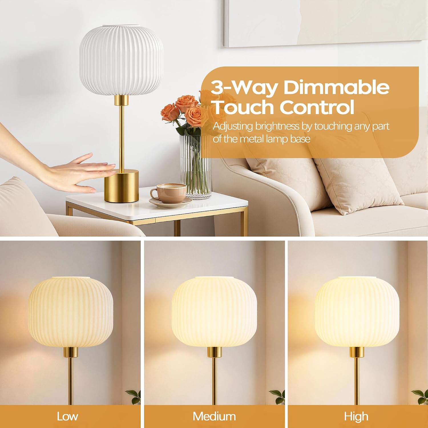 QiMH Glass Table Lamp for Living Room, Modern Bedside Lamp with Gream Ribbed Glass Shade, 3-Way Dimmable Touch Control Nightstand Lamp for Bedroom, Brushed Gold (2700K LED Bulb Included)