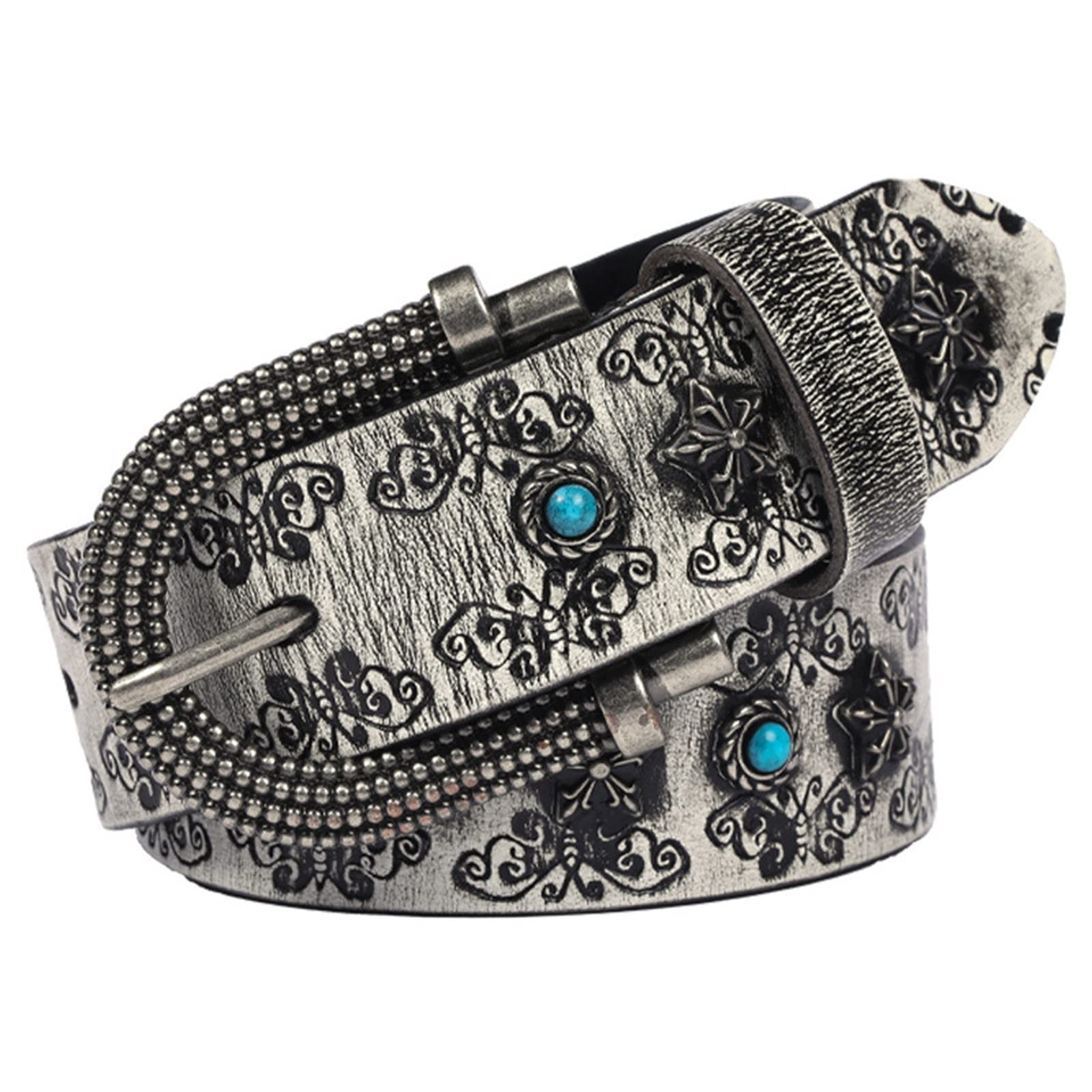 Hip-Hop-Gürtel Vintage geprägter Nietengürtel, personalisierte Dekoration, vielseitiger Gürtel (Color : Gray, Size : 105cm)