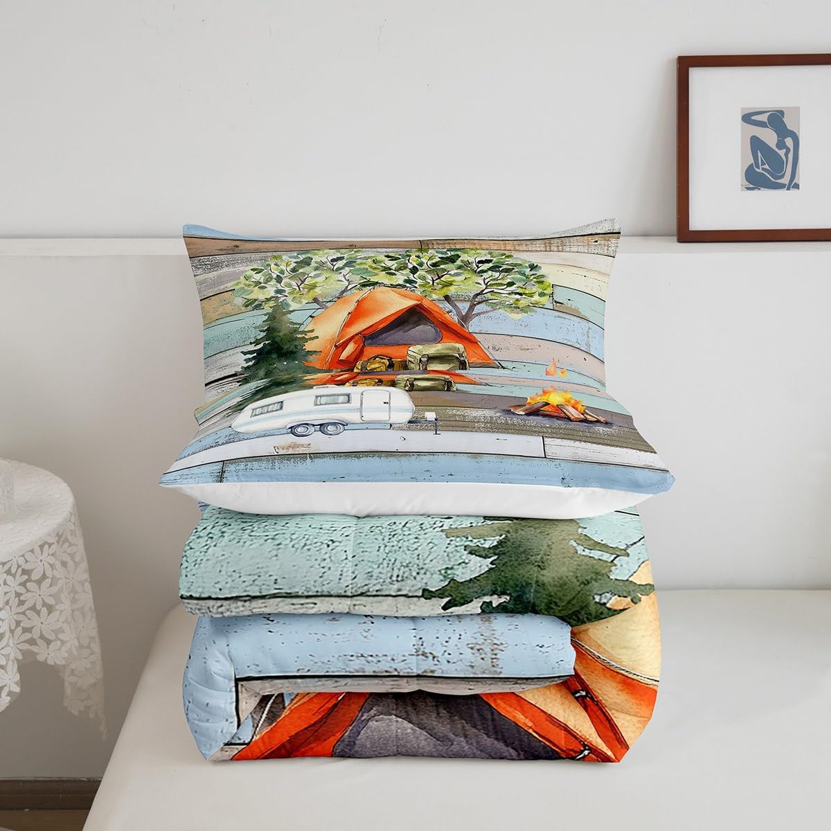 Castle Fairy Watercolor Camping Theme Bed Comforter Set Queen Size,RV Trailer Camp Tent Super Soft Microfiber Bedding for Adults Teens,Retro Farmhouse Wooden Grain Set,2 Pillowcases