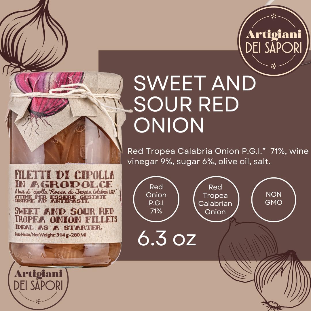 ARTIGIANI DEI SAPORI - Red Tropea Calabrian Onions, 6.3 oz, Italian Sweet and Sour Red Onion, Product of Italy (Pack of 2)