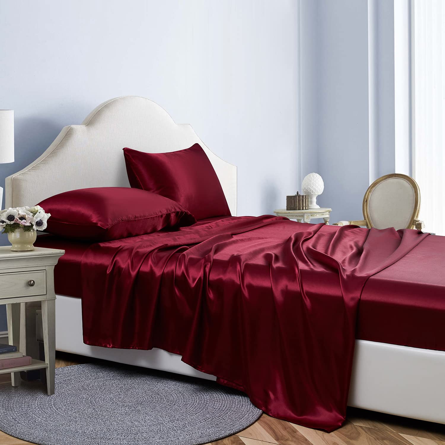 Jemiipee Spannbettlaken 4teilig Satin Glänzend Einfarbig, 180x200 cm für Matratzen bis 36cm, Betttuch Leintuch Set mit Bettlaken, Spannbetttuch, 2 Kissenbezüge - Weinrot