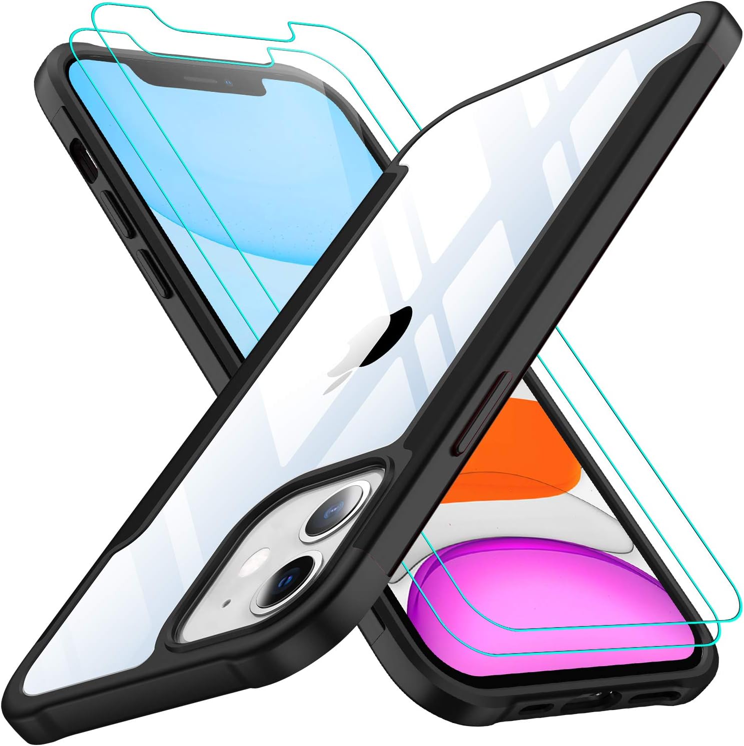 AEDILYS Compatible with iPhone 11 Case [Airbag Series] with [2 x Tempered Glass Screen Protector] [Military Grade ], 15Ft. Drop Tested [Scratch-Resistant], Wireless Charging, 6.1 Inch- (Black)