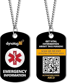 Dynotag SuperAlert™ Medical Alert Necklace for Men & Women | Smart Medical ID with Detailed Online Profile | Military Style Steel Medical ID with Detailed Online Profile, with Lifetime Subscription