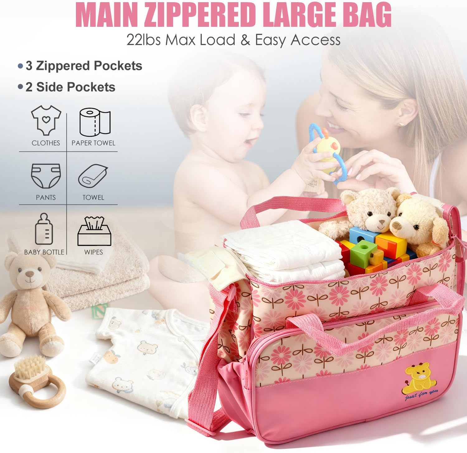 5 PCS Diaper Bags Tote Set for Boy Girls Mom, Large Capacity Baby Bag Multifunctional Maternity Bag for Travel Changing - Image 6
