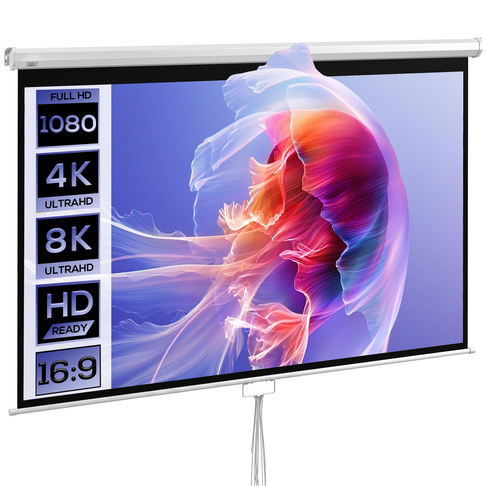 HOMCOM Pantalla de Proyector Manual 100 Pulgadas Pantalla de Proyección Portátil Formato 16:9 con Altura Ajustable para Interior y Exterior Cine en Casa Patio 221x124 cm Blanco