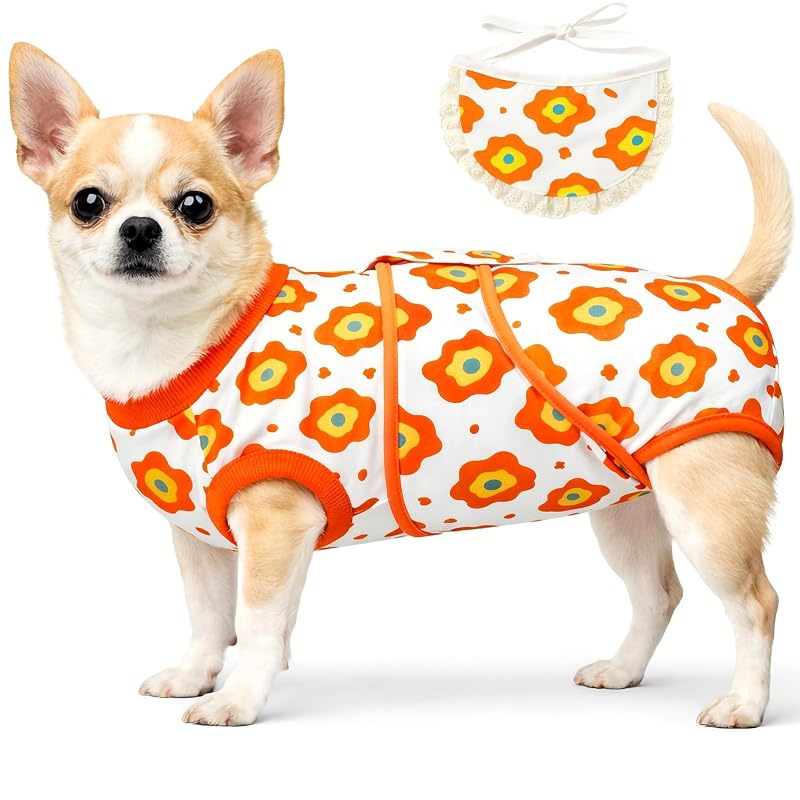 Roupa pós-cirúrgica para cães em tecido elástico com bandana YibooAura Sunny Bloom, XS