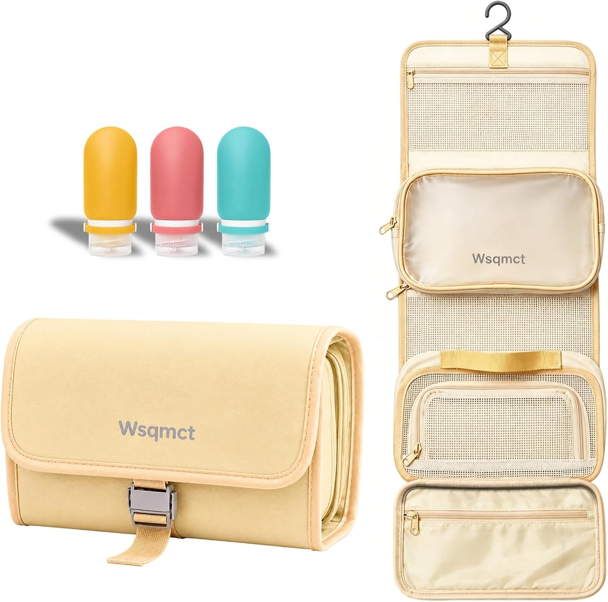 Neceser de viaje colgante para mujer, organizador de neceser de maquillaje | con 3 Botellas de Viaje de Silicona, Bolsa Desmontable, Impermeable, Plegable, Compacta, de Mano, para Ducha de Baño de Viaje, Albaricoque