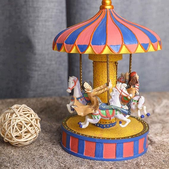 Classical Carousel Horse Music Box Lights Twinkling Resin Carved Collectible Mechanical Musical Box, a Horse Rotates with Music