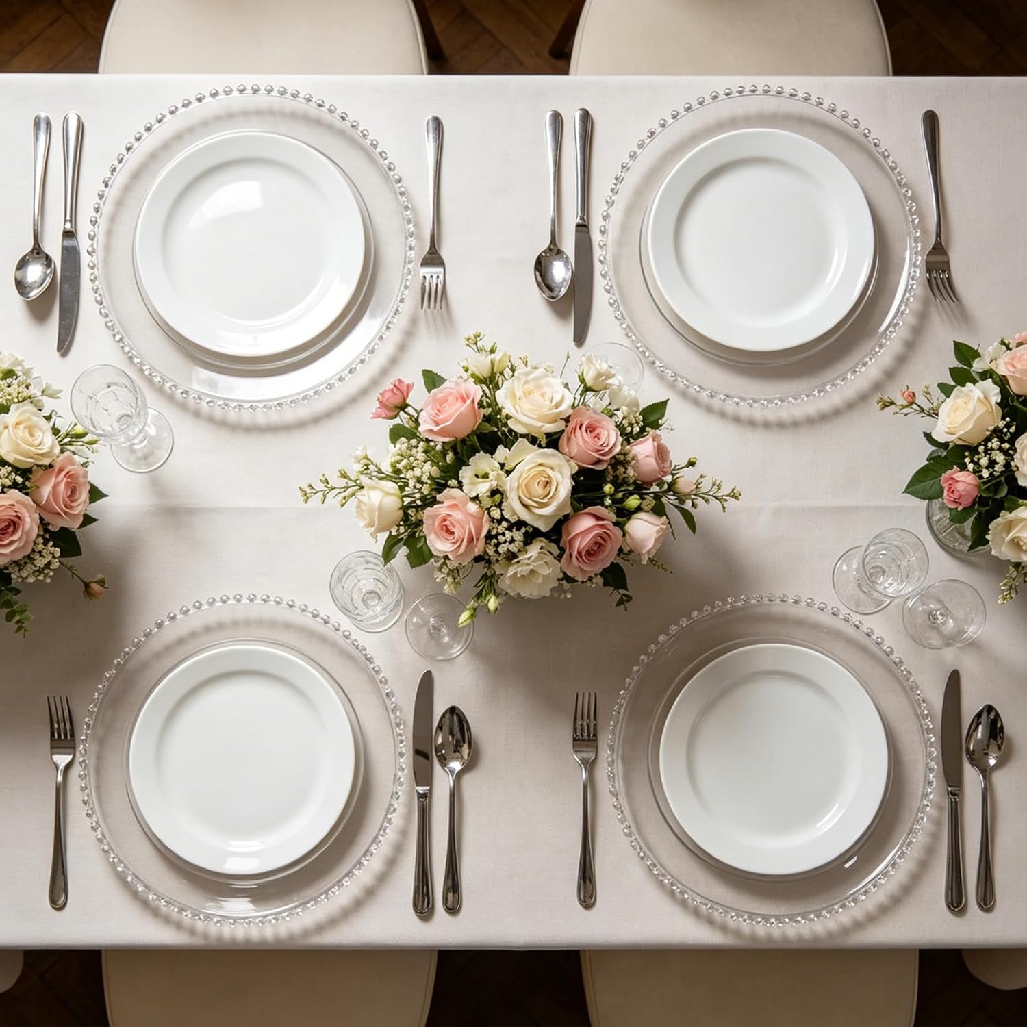 12 Pack Clear Charger Plates with Silver Beaded Rim 13 Inch Premium Durable Plastic Dinner Chargers Bulk Set for Weddings, Parties, Events & Elegant Table Settings