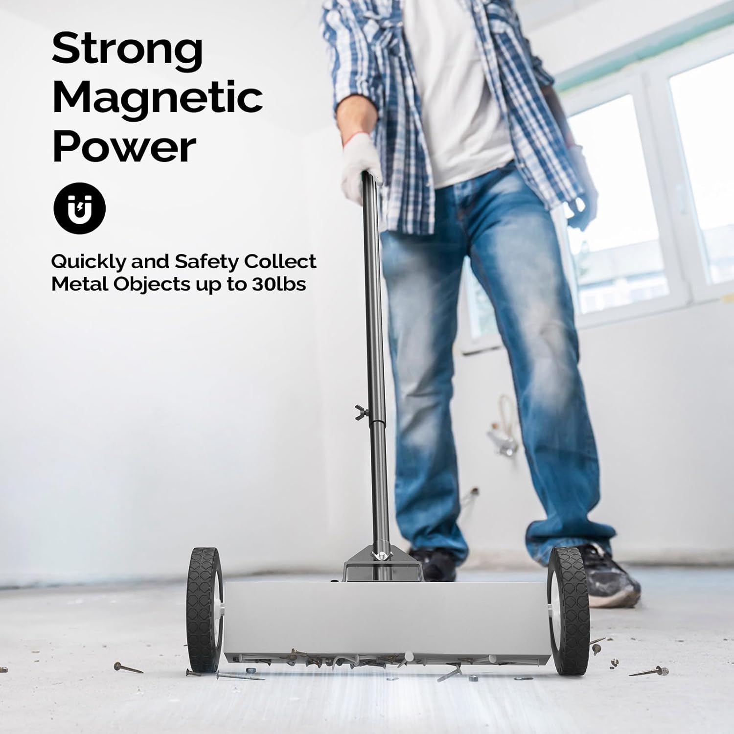 LEADZM 18-Inch Rolling Magnetic Pick-Up Sweeper with Wheels, with Quick Release Latch and Adjustable Long Handle, for Nails Needles Screws Collection, Great for Yard Grass Carpet and Concrete Floor