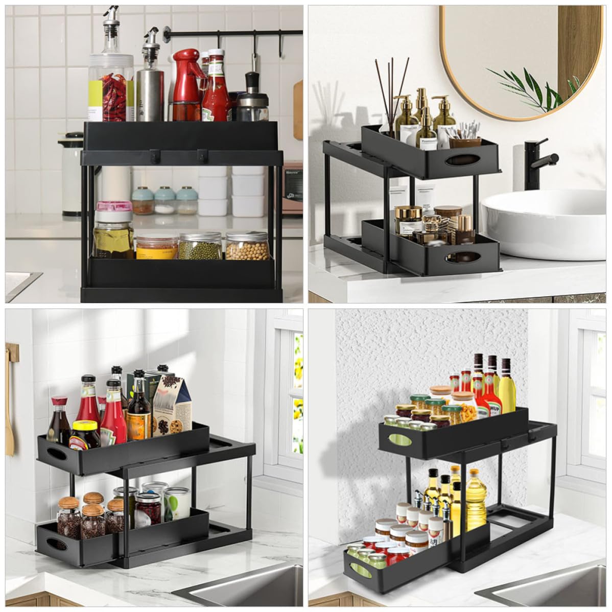 Organizer Sottolavello Cucina a 2 Livelli Scorrevole in ABS Nero