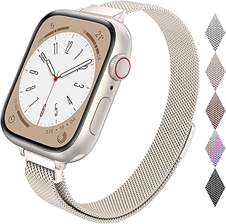 LELONG Slim Watch Band Compatible with Apple Watch Band 38mm 40mm 41mm 42mm 44mm 45mm 49mm Women & Men, Stainless Steel Mesh Loop Magnetic Clasp Replacement for iWatch Bands Series 9,Ultra 2, SE, Ultra Series 8 7 6 5 4 3 2 1 (Starlight, 41mm/40mm/38mm)