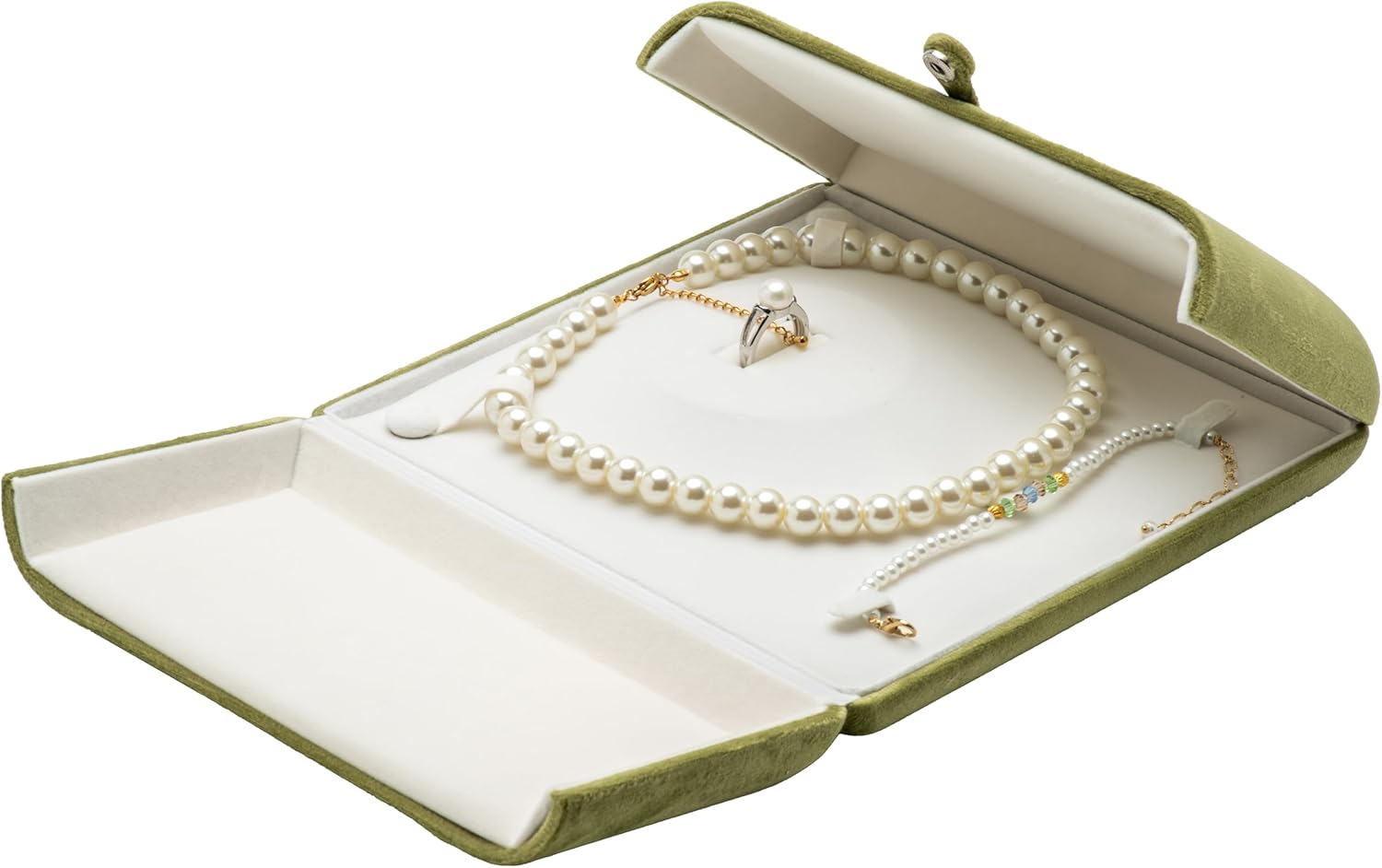 Velvet Big Pearl Necklace and Ring Earring Pendant Bracelet Gift Box Jewelry Storage Case (Olive Green)