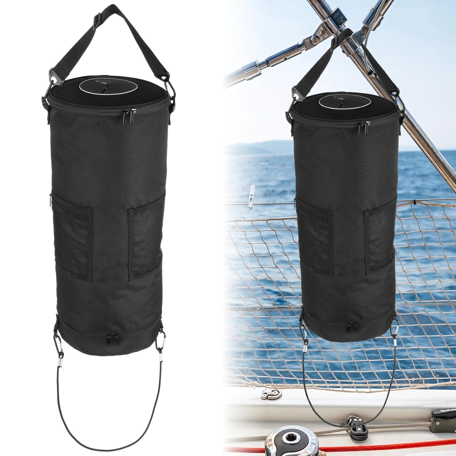 Portable Boat Trash Can, Odor and Leak Resistant Zippered Oxford Cloth Trash Bag with Adjustable & Detachable Straps, 10-13 Gal Hanging Marine Garbage Bag for Boats RVs Camping