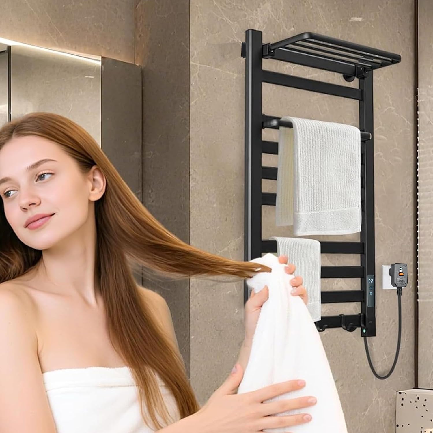 Towel Warmer Rack,Wall Mounted Heated Towel Rack for Bathroom,10 Bars with Shelf Hooks|Black,Rack Waterproof Touch Display,24-Hour Timer Setting & Temperature Control