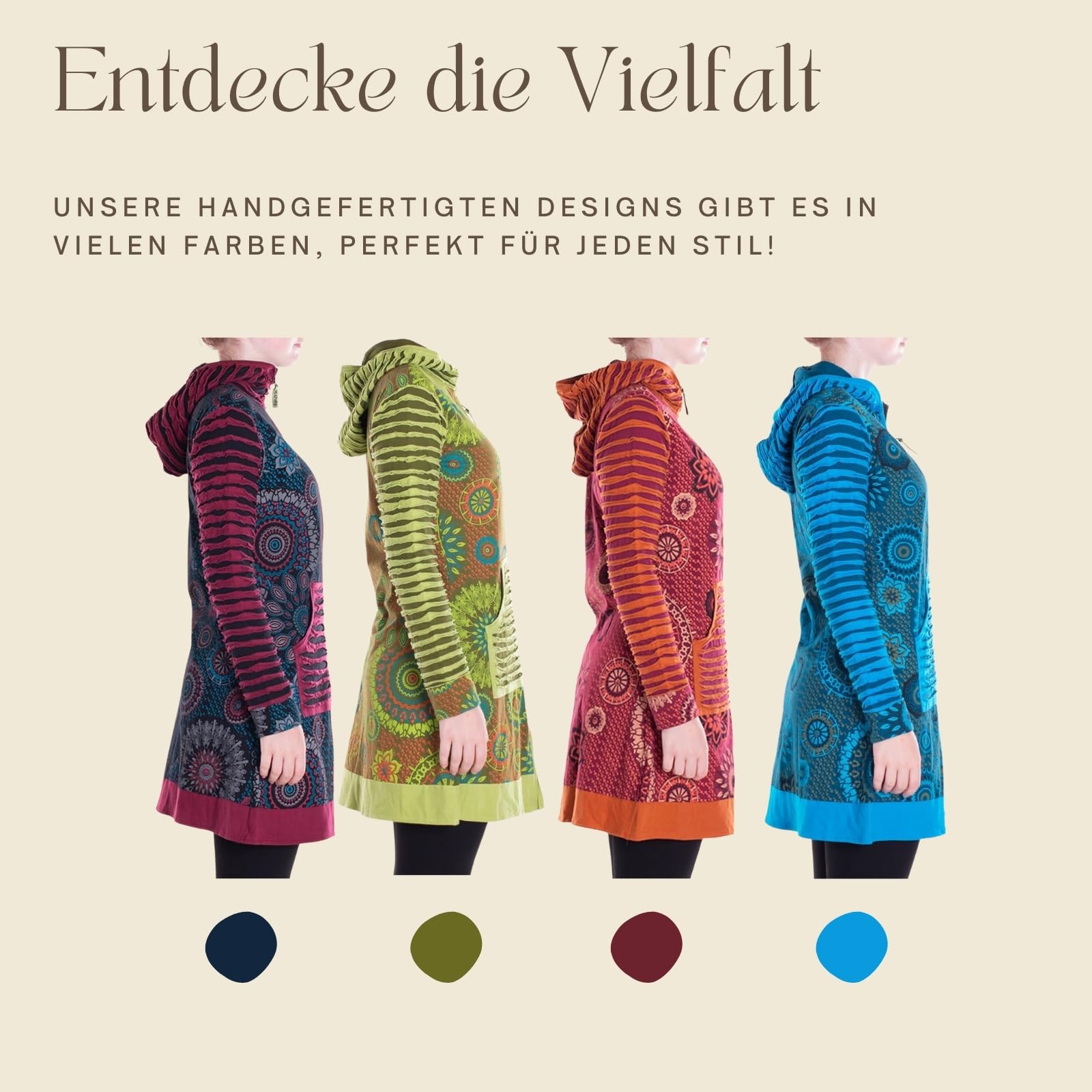 Vishes Damen Mantel mit Kapuze | Handgefertigt aus 100% Baumwolle | Ideal für Frühling, Sommer & Herbst | Nachhaltige Alternative Bekleidung