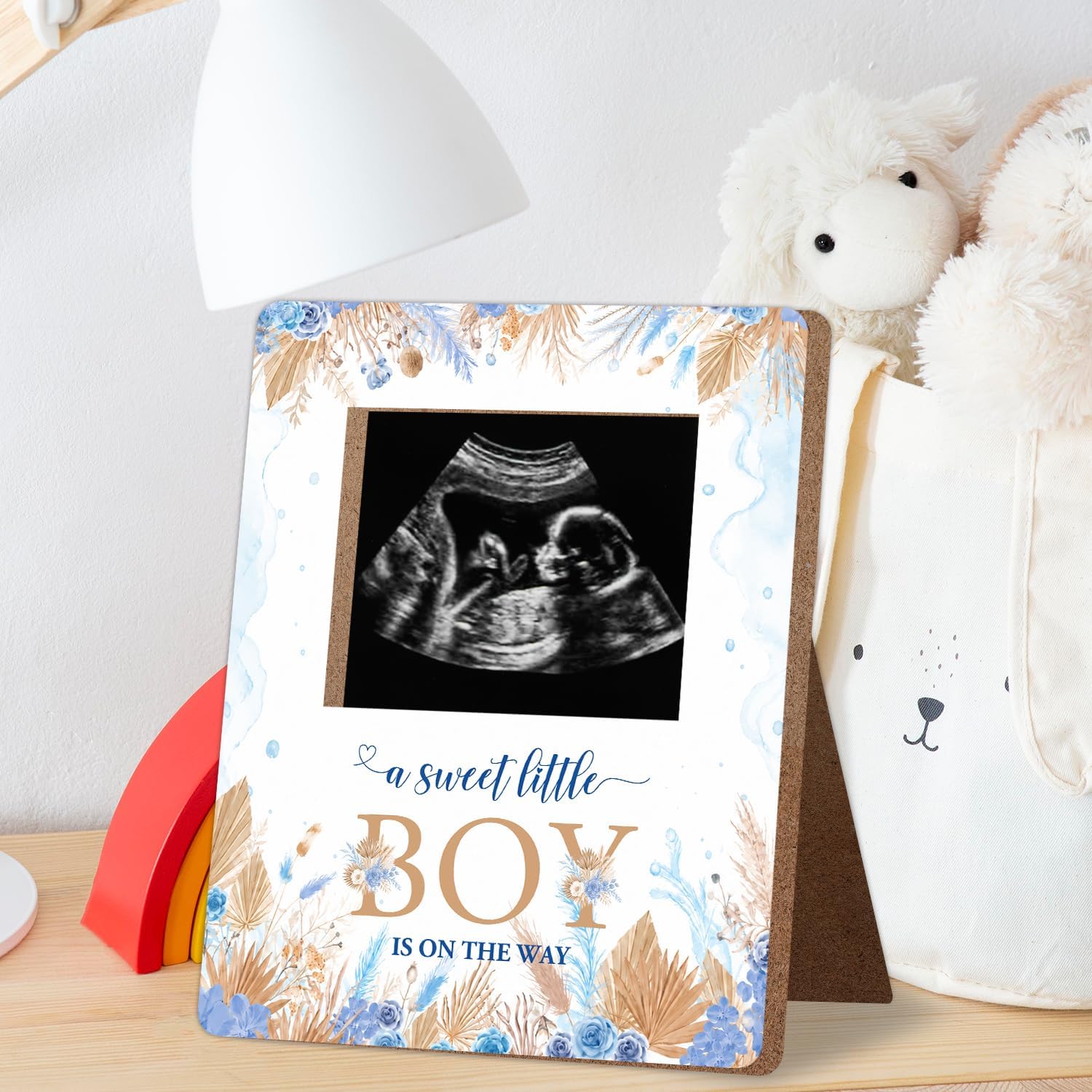Blue Flowers Baby Shower Sign Picture Frame, "a sweet little BOY IS ON THE WAY" Decorations, For Expecting Parents Keepsake Gifts, Bohemian style Baby Shower Gender Reveal, Pregnancy Announcements image 3