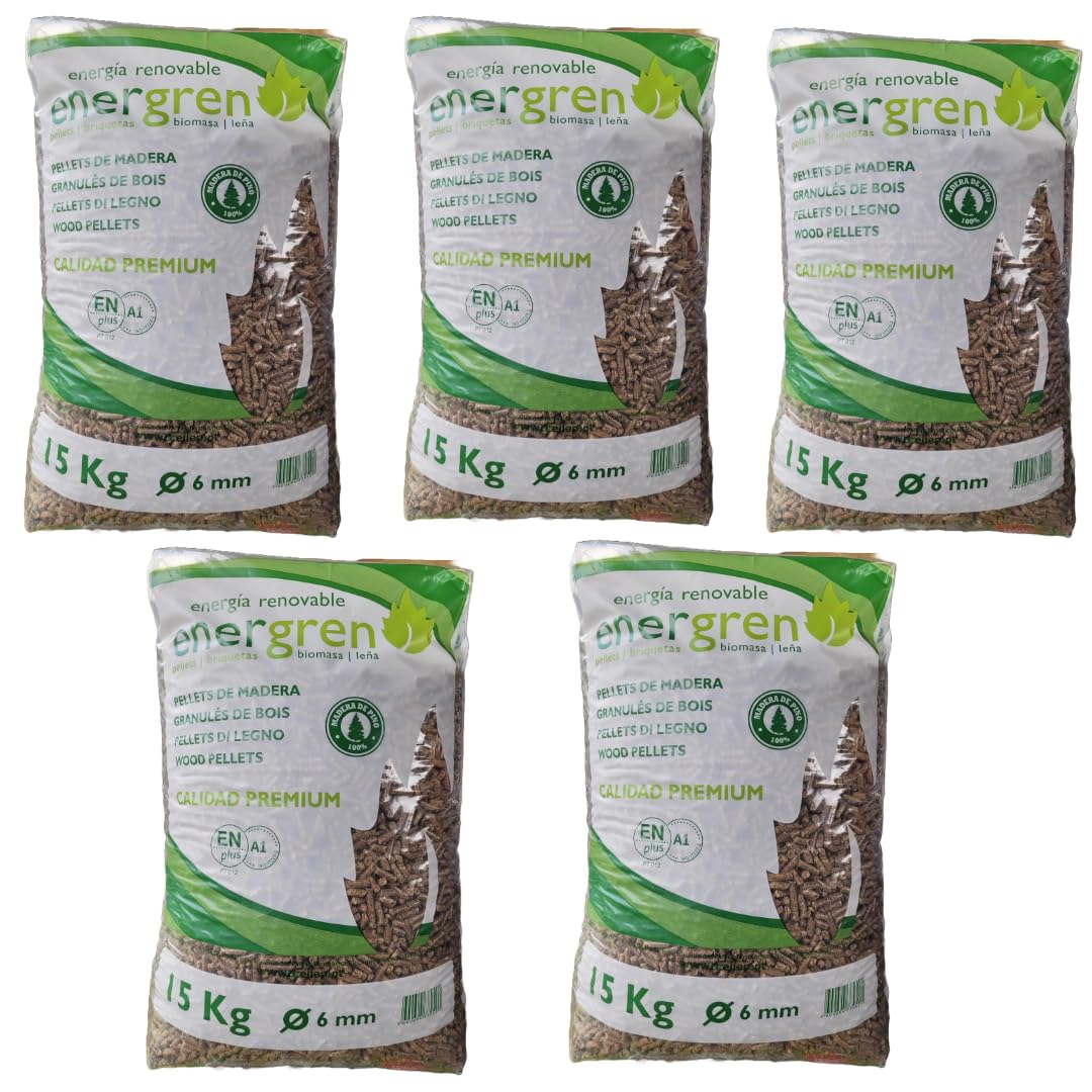 Pack 5 Unidades Saco de pellets de Madera 15kg. Certificado ENplus y Calidad A1. Ideal para chimeneas, Estufas o barbacoas. Diametro 6 mm. 100% Madera de Pino.