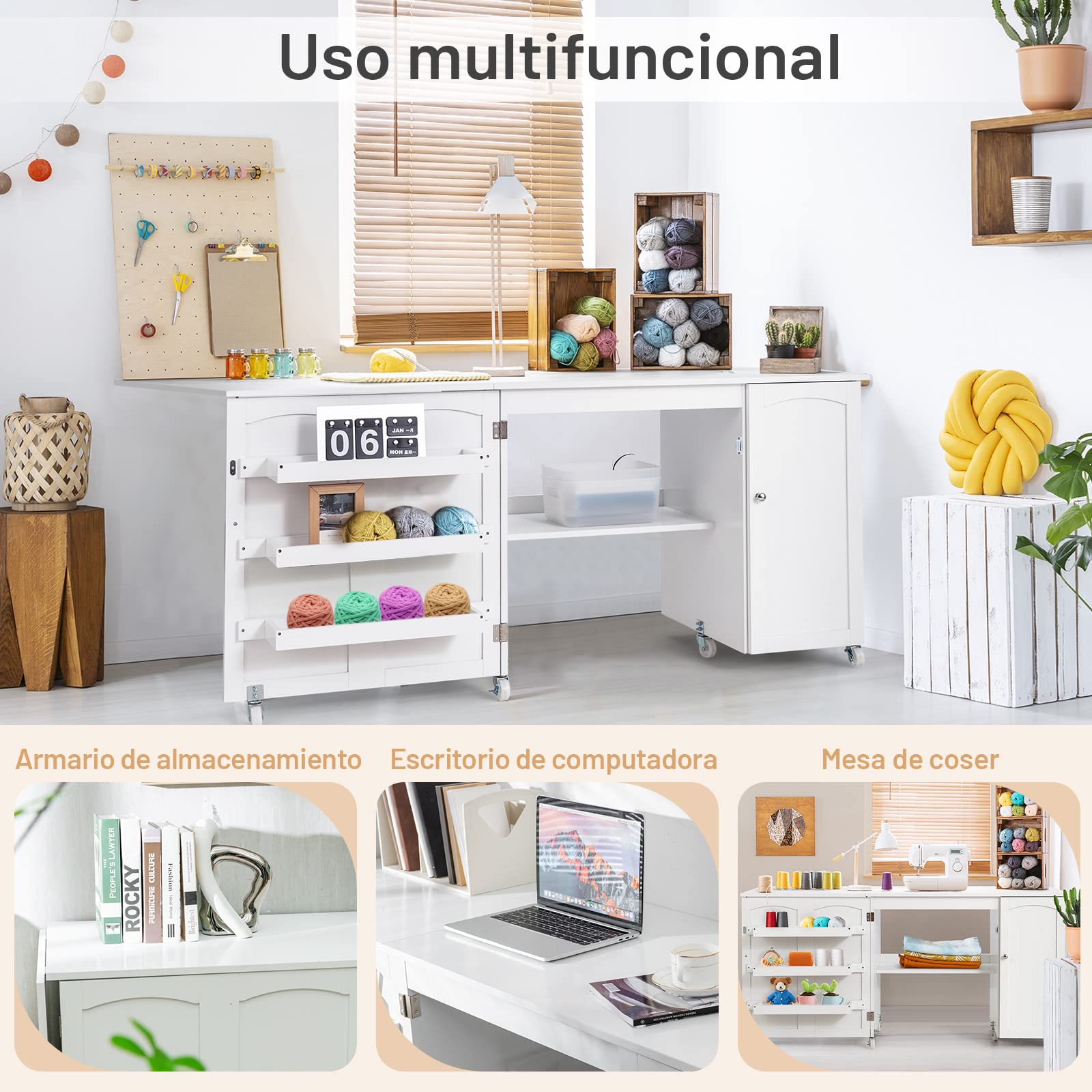 COSTWAY Mesa Plegable de Costura, Mesa versátil abatible para Manualidades con Superficie Amplia repisas y Armario con Puerta, Ruedas bloqueables (Blanco Grande)