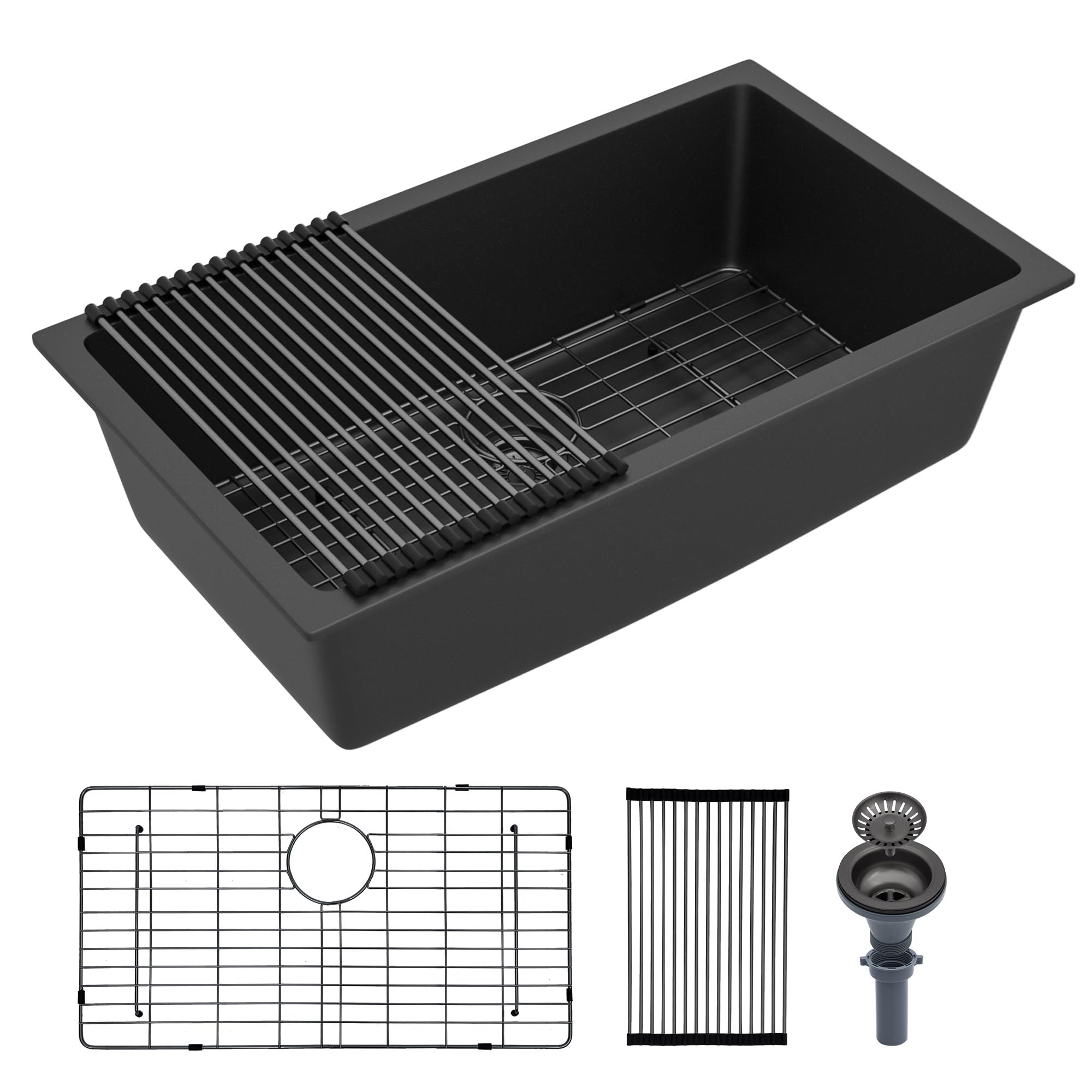 Évier de cuisine composite en granit noir mat encastrable sous comptoir de 83,8 cm