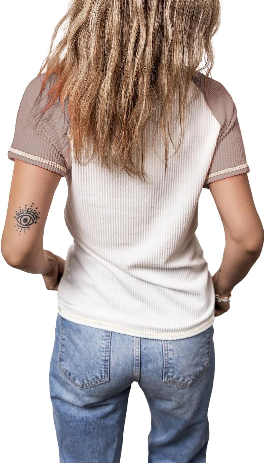 KINLONSAIR Women's Summer Color Block Short Sleeve T Shirt Casual Button Down Slim Fit Crewneck Henley Shirts - Image 3