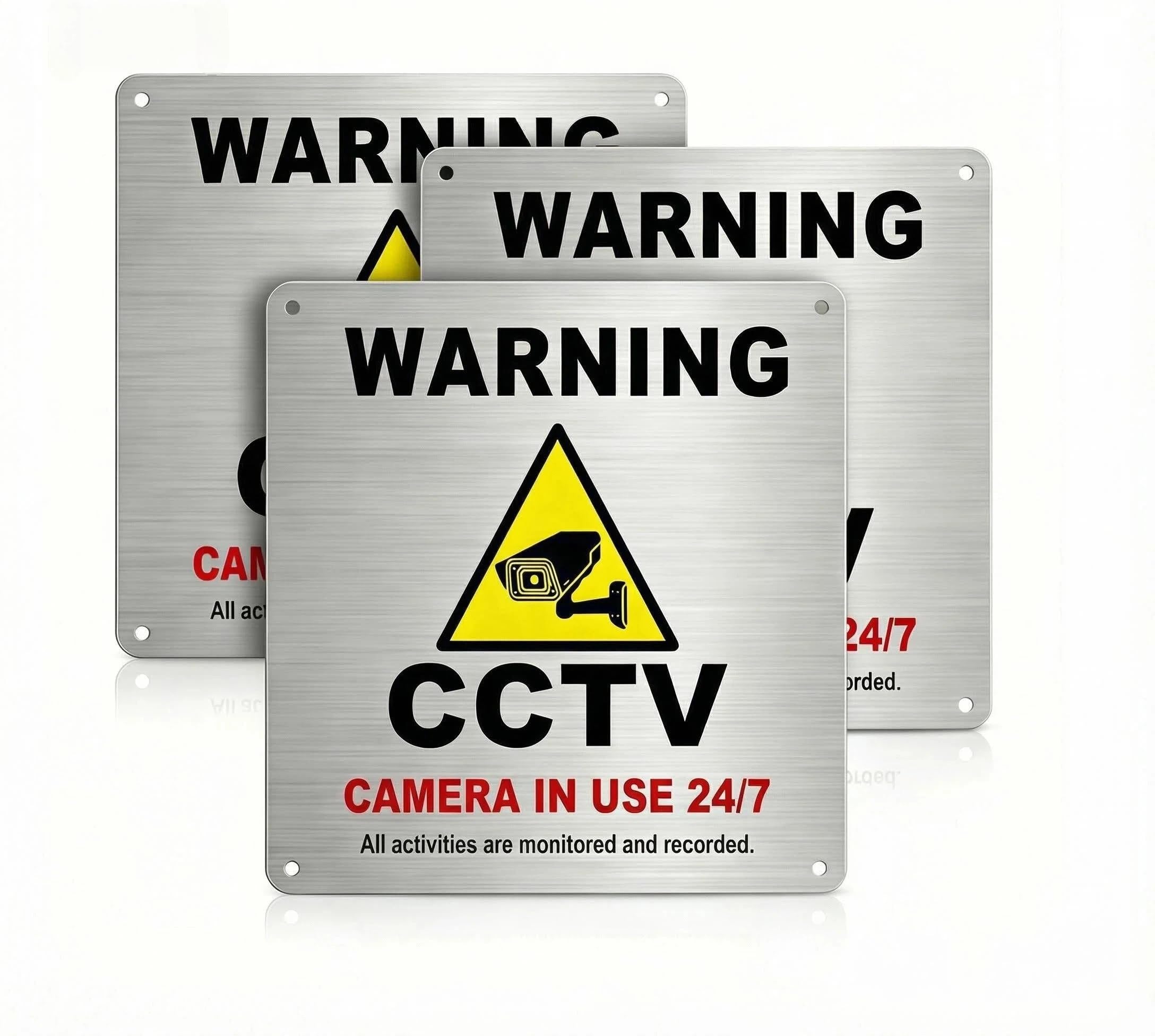 3 Pack Brushed Aluminium CCTV Warning Sign - Pre-drilled & Self-Adhesive 15x15cm, Waterproof UV Resistant Anti-rust CCTV in Operation Sign for Outdoor Indoor Home Office Store Warehouse