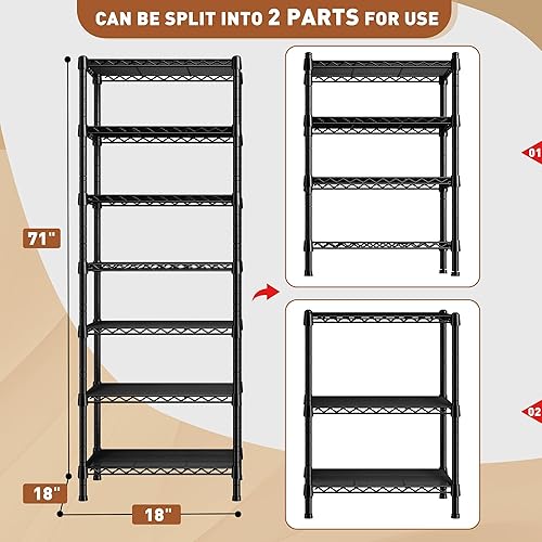Miniatura 3 de REIBII Estantería de metal de 7 niveles, 71 pulgadas de alto x 18 pulgadas de ancho x 18 pulgadas de profundidad, capacidad de peso de 1176 libras,