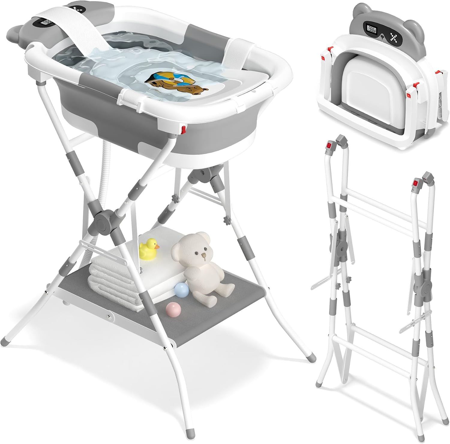 2 in 1 Baby Bath with Stand, Foldable Baby Bath Tub for Newborn to Toddler with Soft Cushion, Bear and Foldable Design for Travel and Outdoor, Baby Shower Gifts, 0-12 Months, Gray