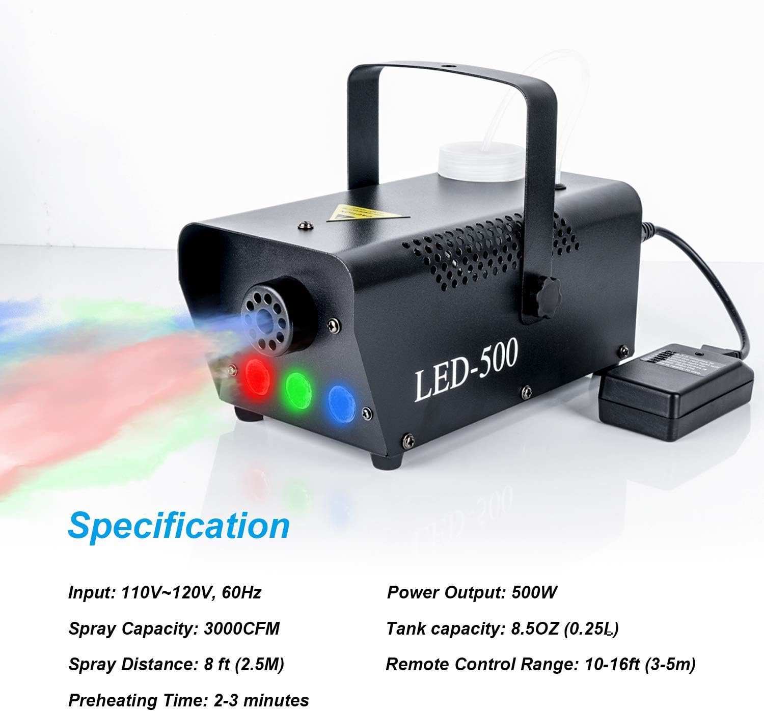 Fog Machine, Vangoa LE-500W Smoke Machine with 3 RGB LED Lights, Wireless Remote Control, Portable & Fast Heating, 0.25L Capacity : Musical Instruments
