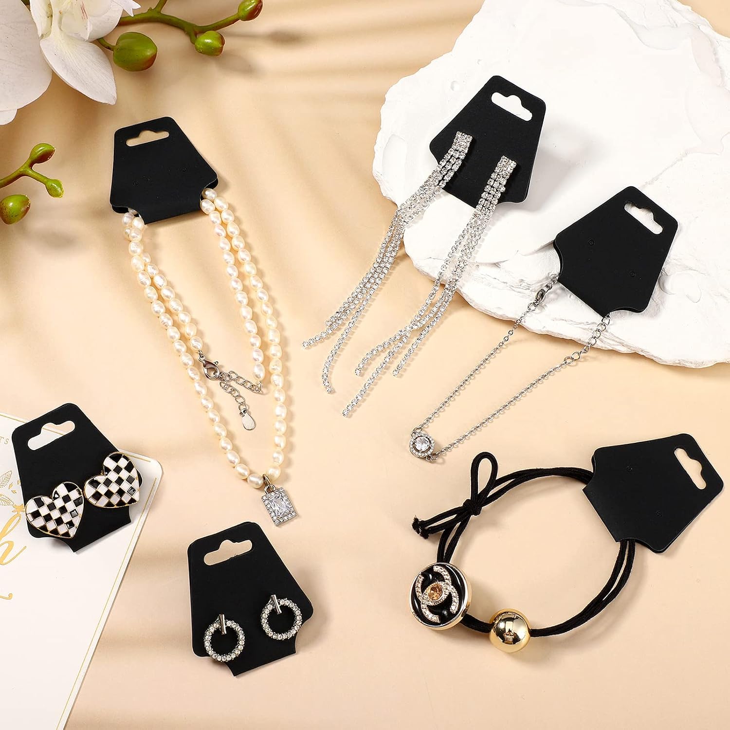 Eersida 500 Pcs Necklace Display Cards Adhesive Jewelry Packaging Card Kraft Keychain Display Card Hanging Bracelet Holder for Choker Earring Hairband Displaying Small Business Supplies(Black)