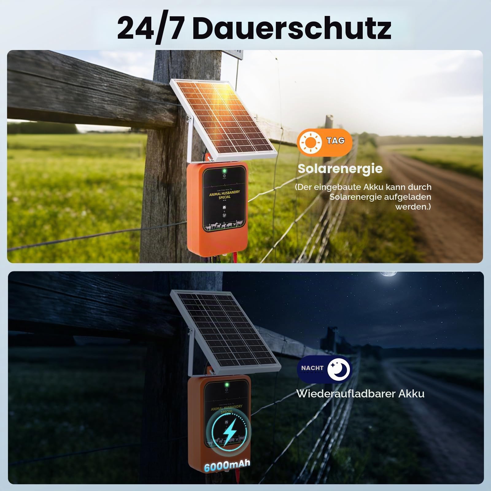 10km Solar Elektrozaungerät, 1.2J 12kV Wiederaufladbarer Weidezaungerät mit Solarpanel & Netzteil, IP65 Wasserdicht für Vieh, Bauernhof, Weide, Geflügel