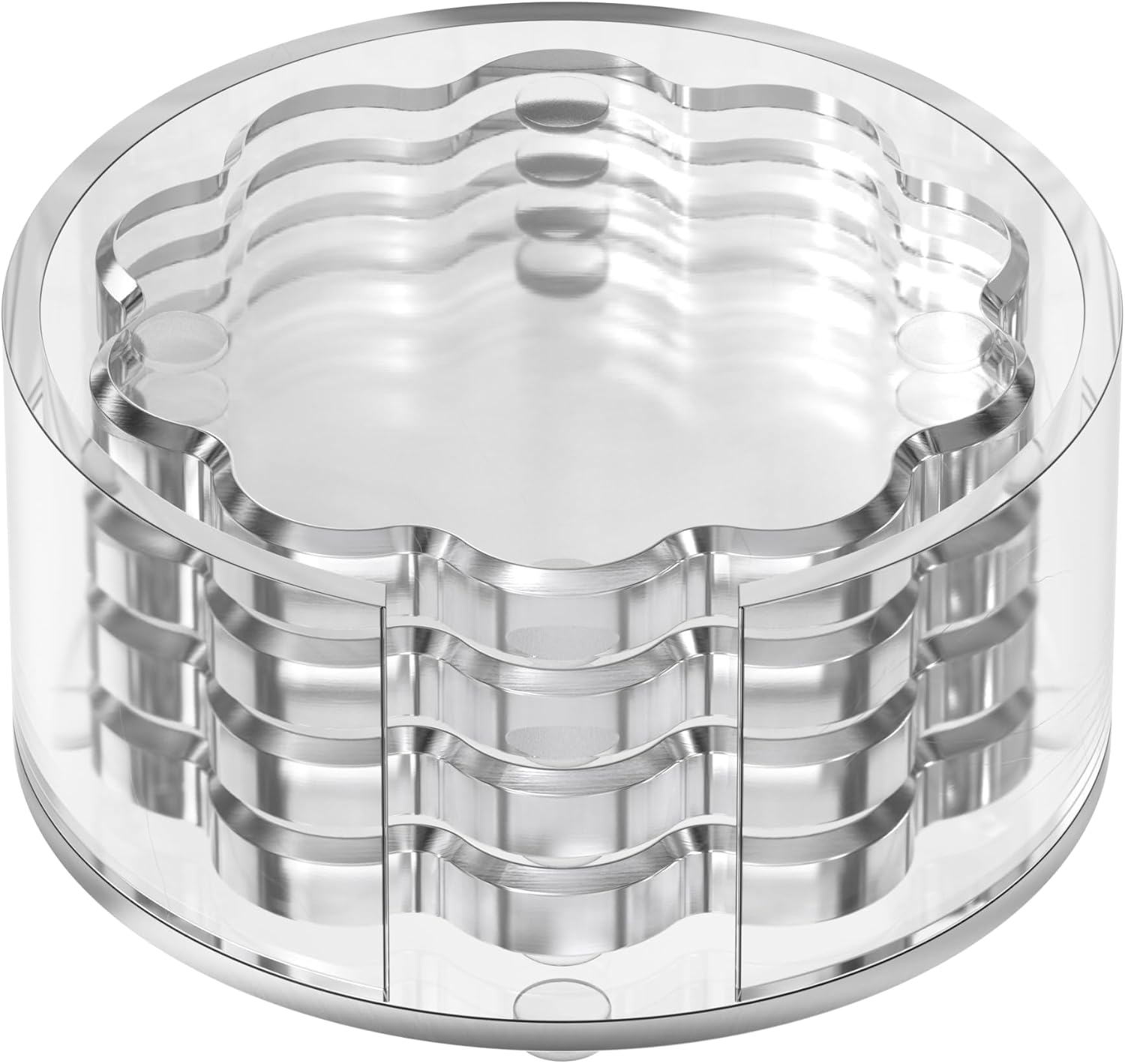 GRAHAM DESIGN Scalloped Acrylic Drink Coaster Set 4‑Pack with Circular Holder – Clear Transparent Minimalist Coasters, Non‑Slip Table Protector, Modern Housewarming Gift