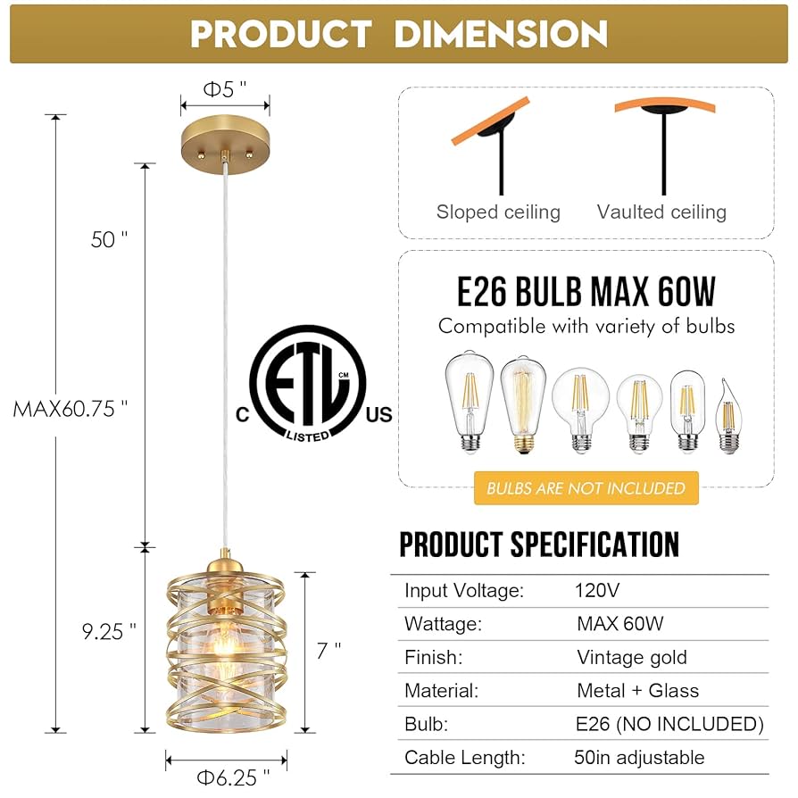 FookChak 3-Pack Gold Pendant Light 1-Light Glass Kitchen