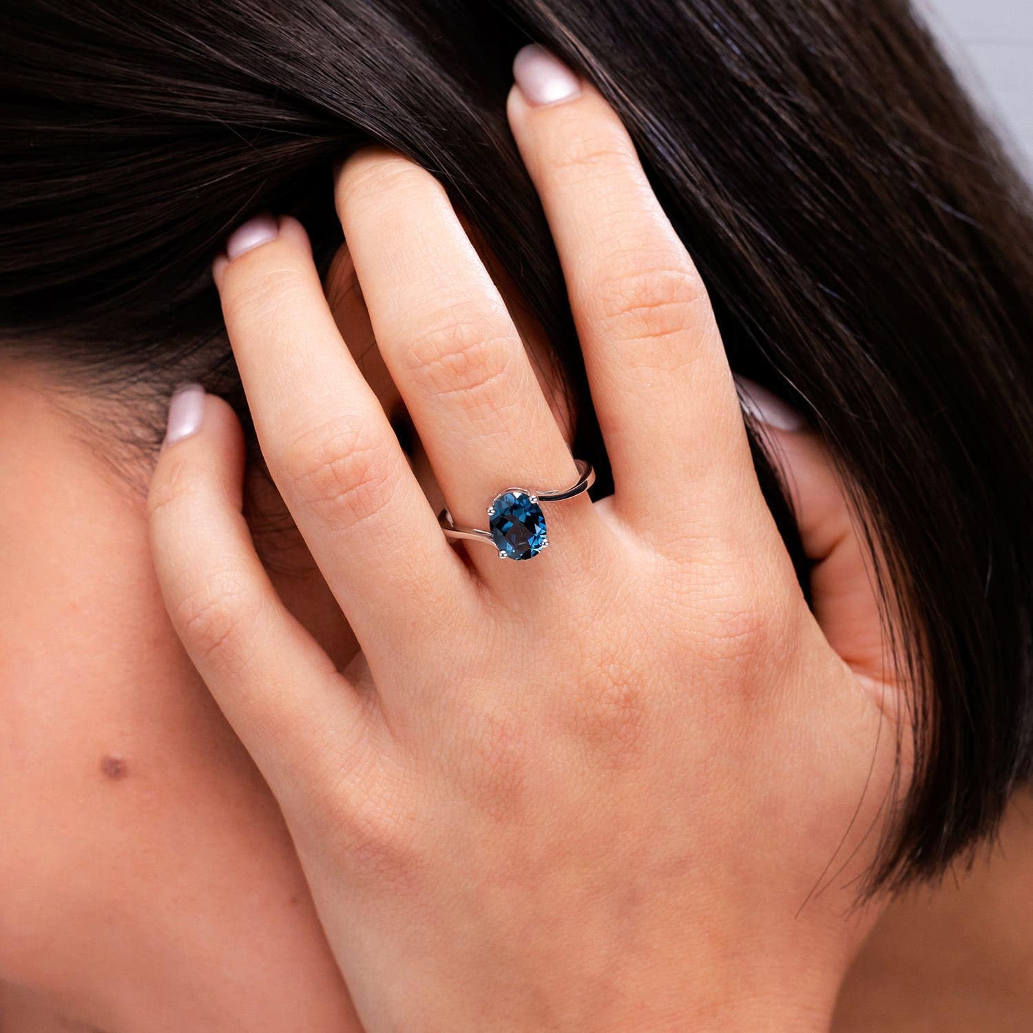 Angara Natural London Blue Topaz Solitaire Ring for Women | Prong Set London Blue Topaz Solitaire Bypass Ring in 14K Solid Gold/Platinum | December Birthday Gemstone Jewellery Gift