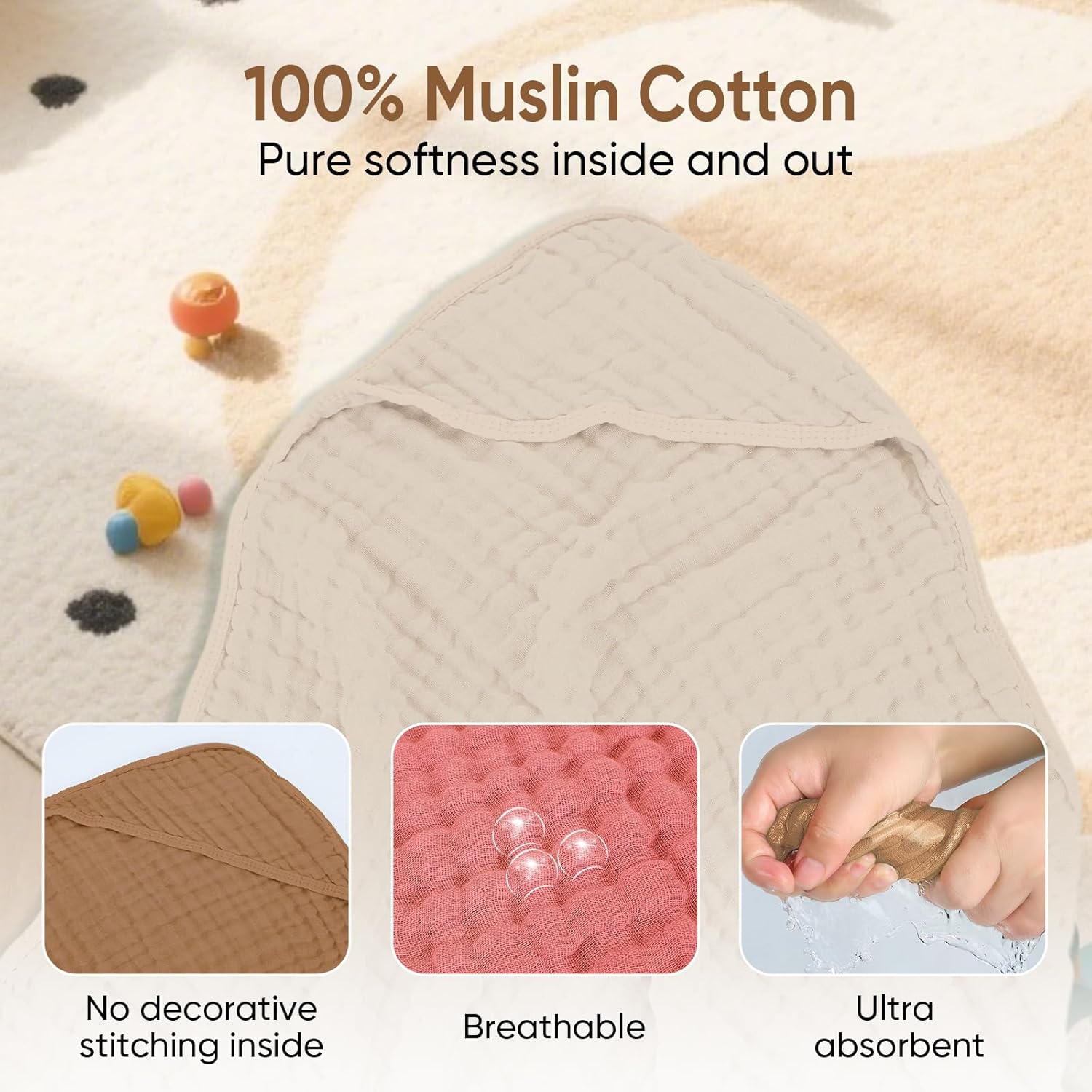 Muslin Hooded Baby Towels 100% Cotton ，Super Soft Muslin Baby Bath Towel - 32 x 32 Inches, Suitable for Newborn and Young Children up to 3 Years Old. (Beige & Coffee) - Image 2