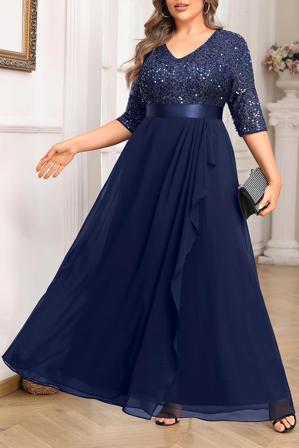 Plus Size Formal Dresses - V Neck 3/4 Sleeves Sequin Evening Gowns Prom Gala Wedding Guest Chiffon Long Maxi Dress - Image 5