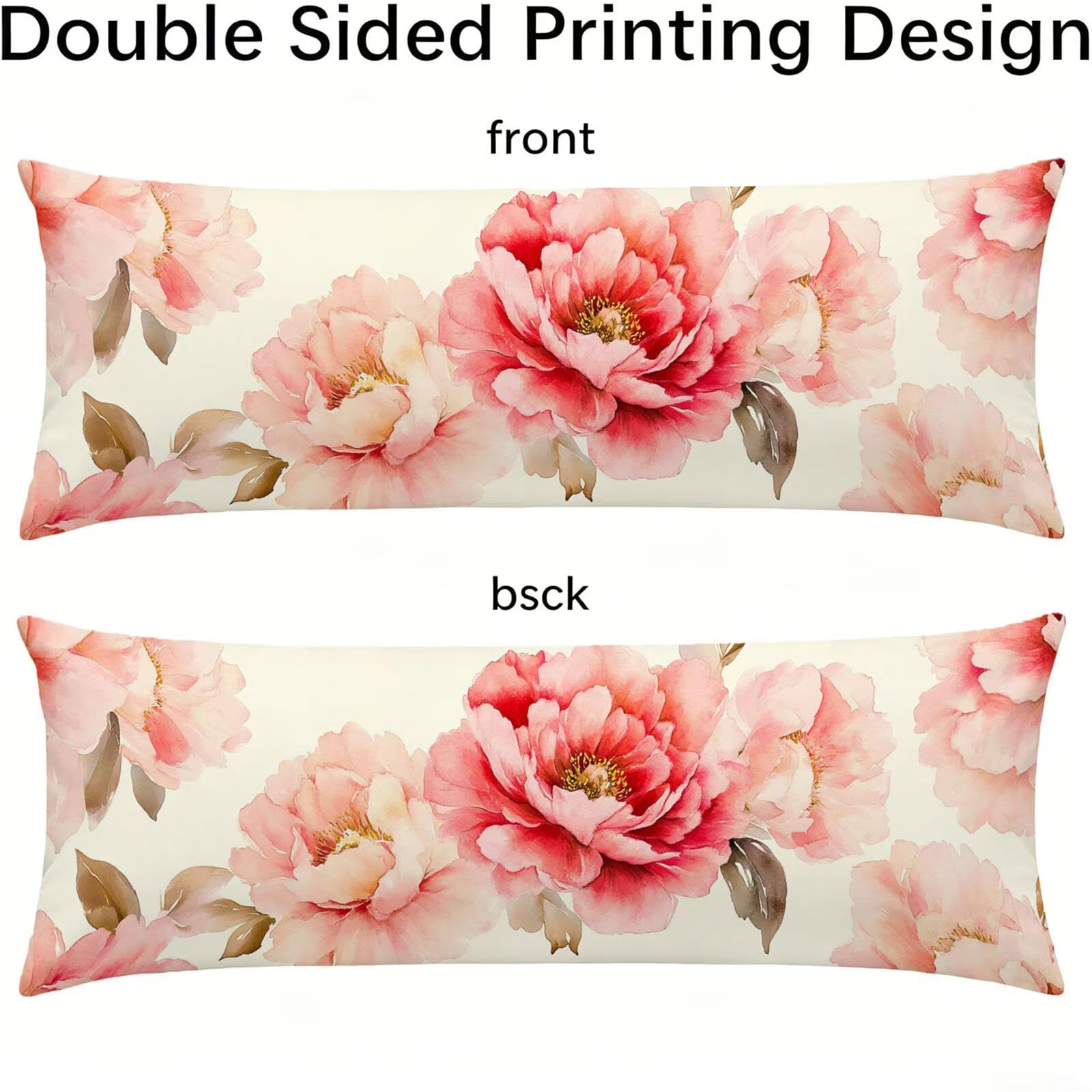 Funda de Almohada 60 x 180 cm Rosa Protector Almohada 180 cm con Cremallera Invisible, Lino Durable y Transpirable Pillow Case Largas Peonía Impresión a Doble Cara para Cama, Sofá y Dormitorio dg-315