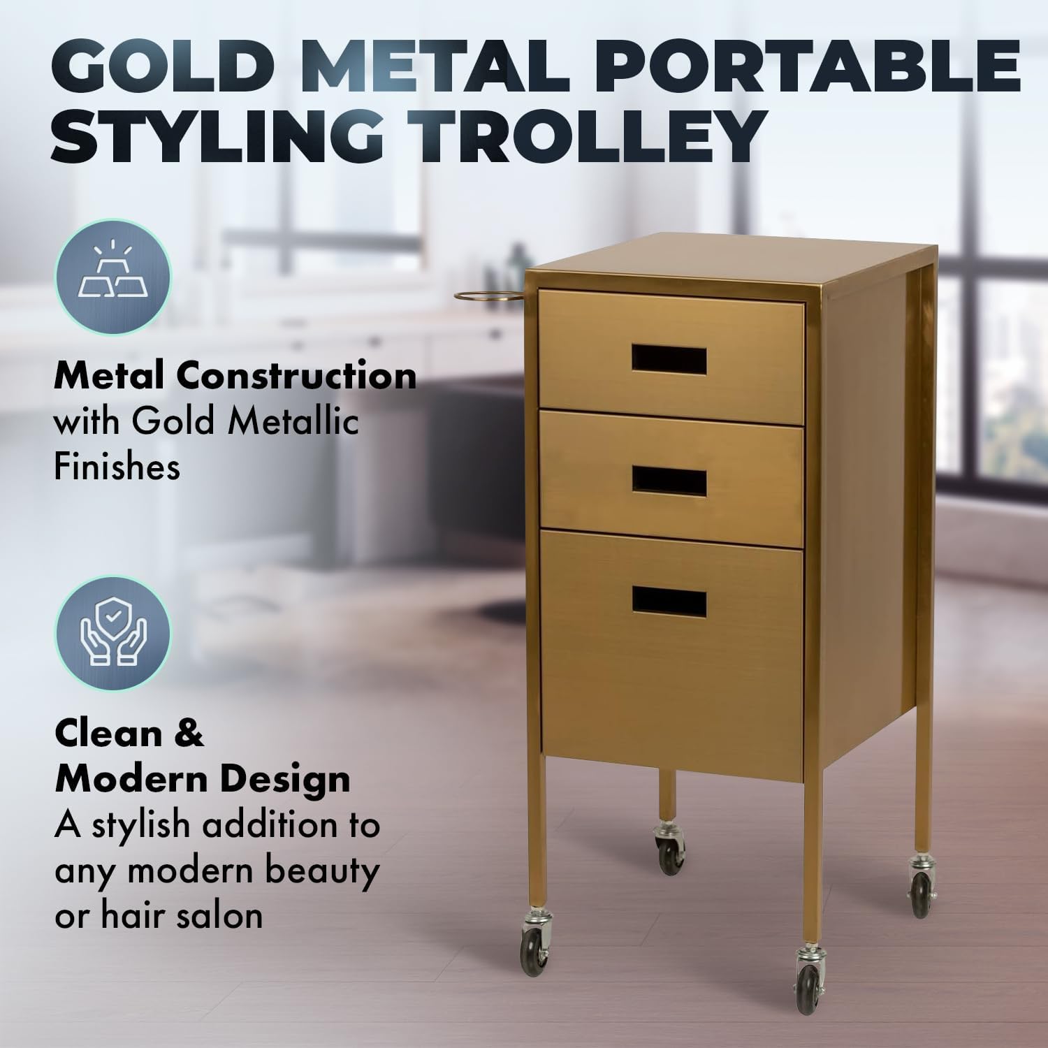 Buy-Rite Electra Metallic Styling Trolley in Gold – Durable Metal Salon Station with 3 Large Drawers, Side Appliance Holder, and Industrial Casters for Hot Tools & Hair Styling, CHM-2883-GLD