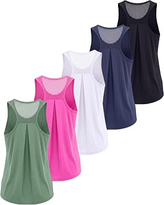 Real Essentials 5 Pack: Women's Racerback Athletic Tank Top Mesh Back Dry-Fit Sleeveless Shirt for Workout Running Gym (Plus)