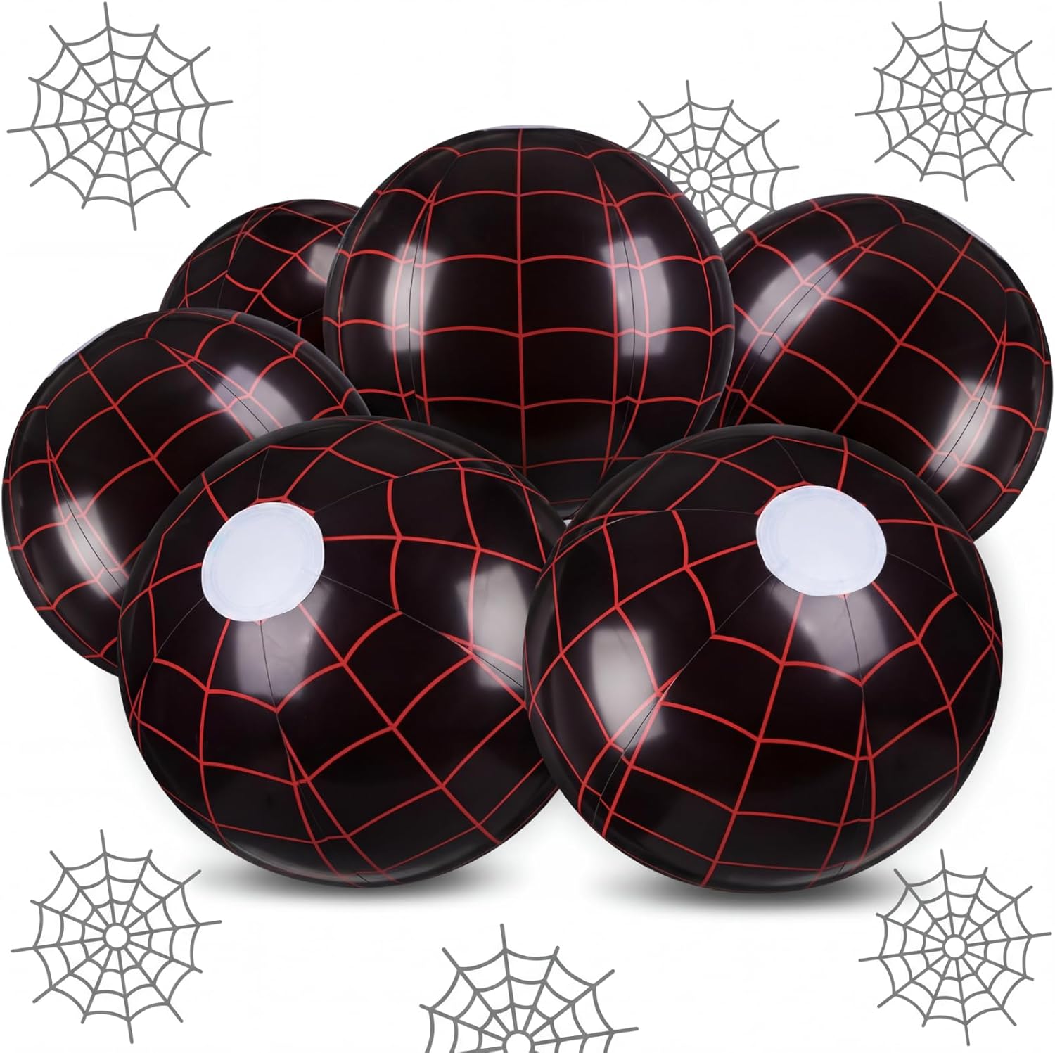Soulchen 6 Pack Spider Web Themed Beach Ball Bulk for Kids 7.87" Inflatable Spider Themed Black Ball for Summer Pool and Beach Game Gifts Birthday Party Supplies End of The Year Class
